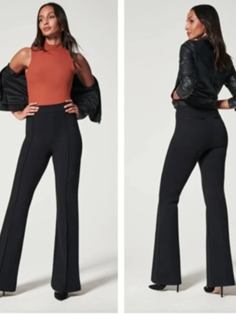 Spanx Hi-Rise Flare Perfect Pants Women's Small Black Stretch Pin Tuck Slimming